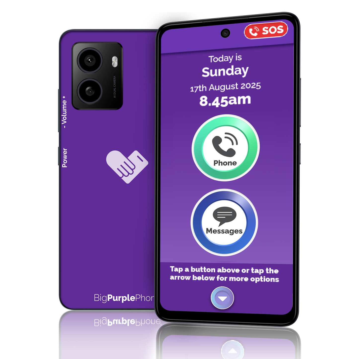 Image of BigPurplePhone Talk&Text Edition: Best mobile for seniors with simple home screen showing large buttons for phone and messages.