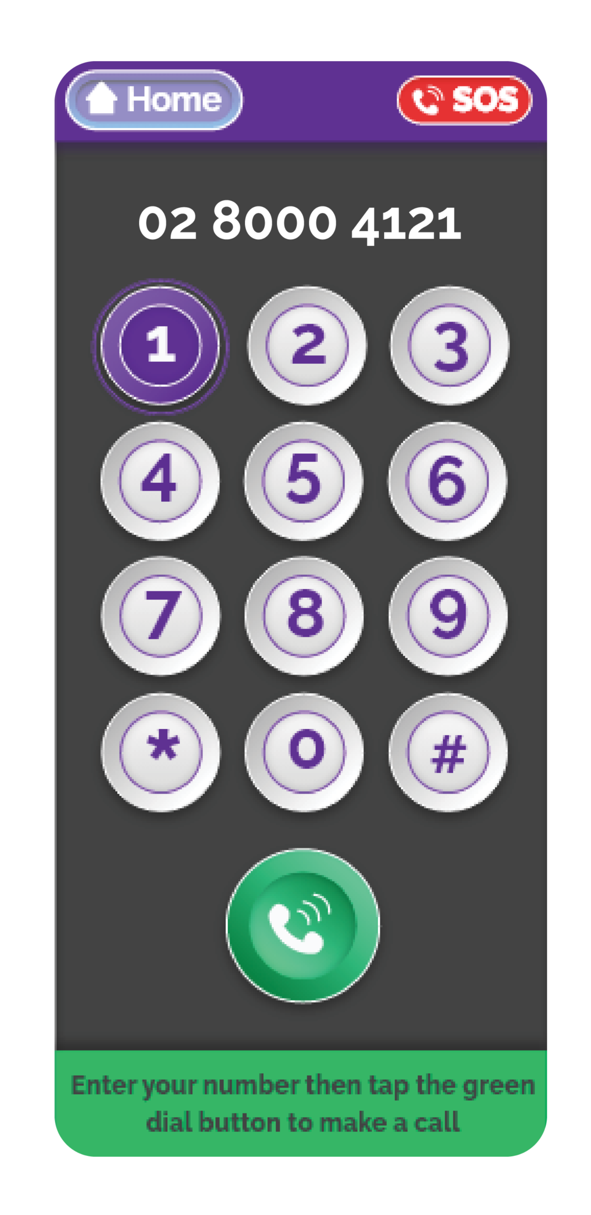a image showing the black background and large white buttons of the keypad of the BigPurplePhone