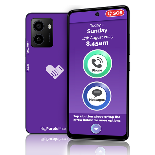 Image of BigPurplePhone Talk&Text Edition: Best mobile for seniors with simple home screen showing large buttons for phone and messages.